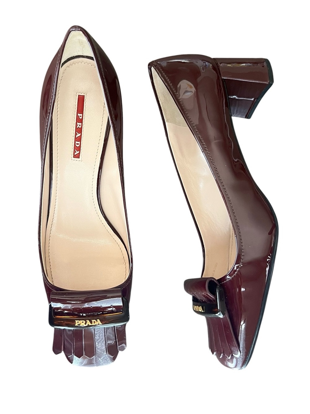 Prada Women’s Oxblood Burgundy Patent Leather Kiltie Fringe Pump Heels Size 39.5